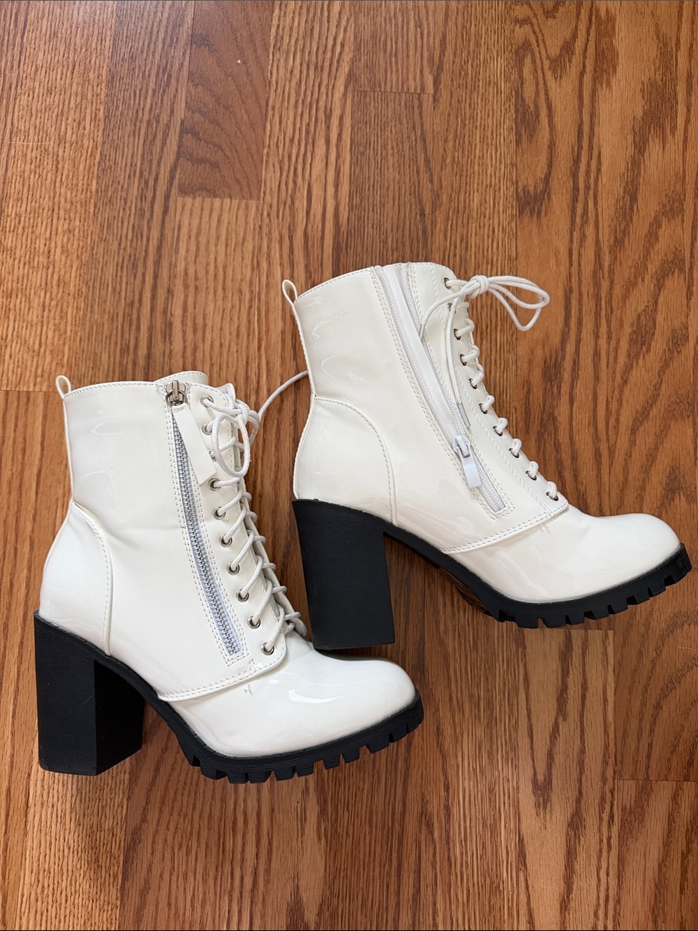 White Lace-Up Block Heel Ankle Boots